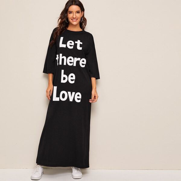 

Drop Shoulder Slogan Print Jersey Dress, Black