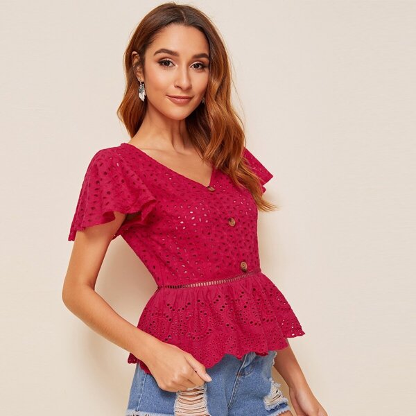 

Buttoned Flutter Sleeve Peplum Schiffy Top, Red