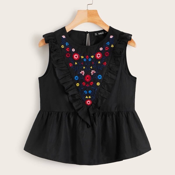 

Flower Embroidered Frilled Trim Peplum Top