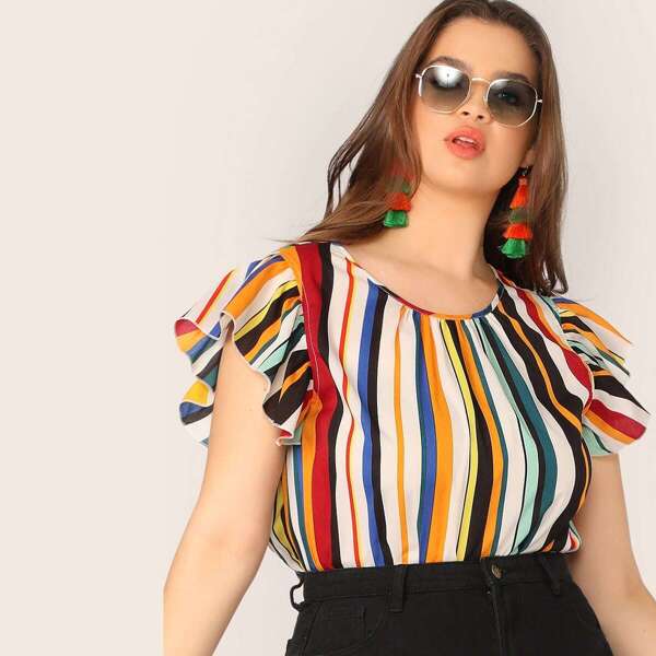 

Plus Striped Keyhole Back Ruffle Armhole Top, Multicolor