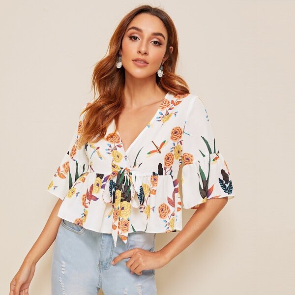 

Surplice Neck Tie Front Ruffle Hem Top, Multicolor