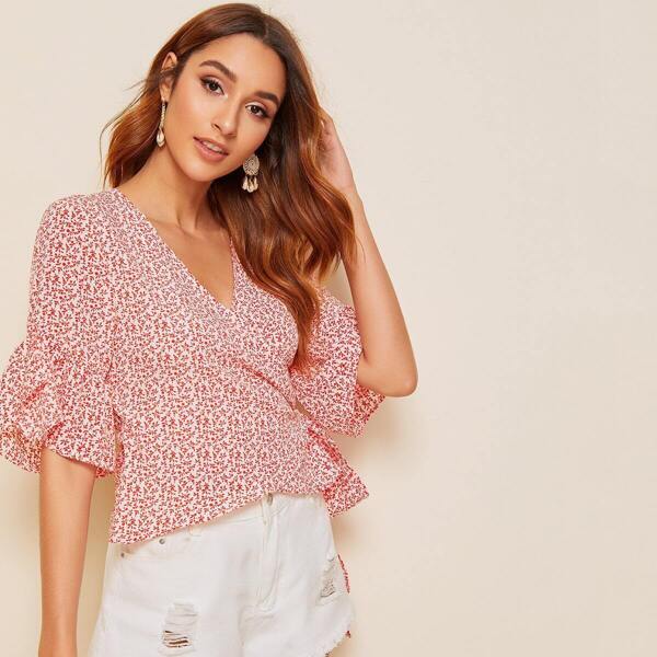

Ditsy Floral Ruffle Cuff Wrap Blouse