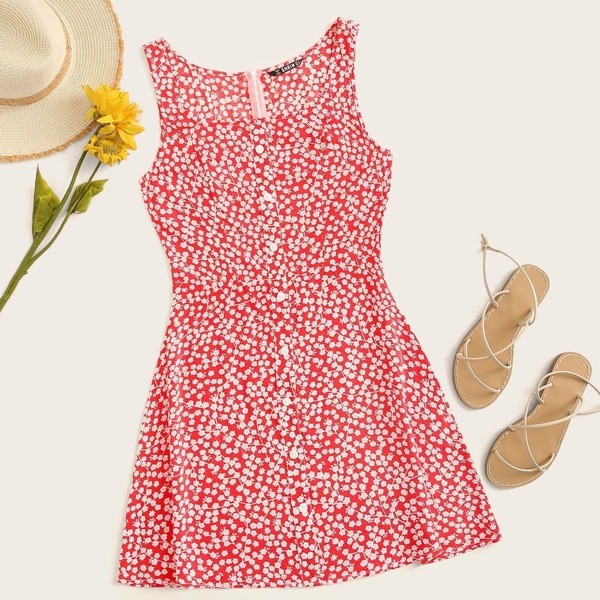 

Ditsy Floral Button Up Sundress, Red