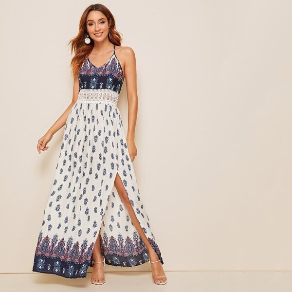 

Racerback Lace Insert Split Side Paisley Print Dress, White