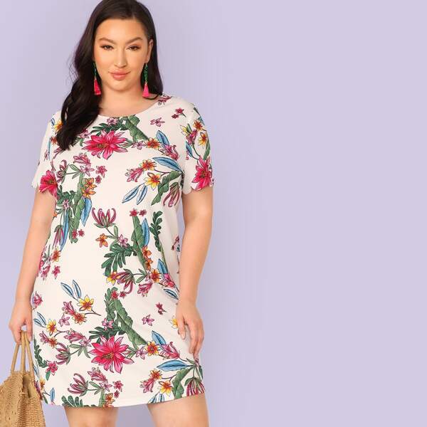 

Plus Scallop Cuff Floral Print Dress