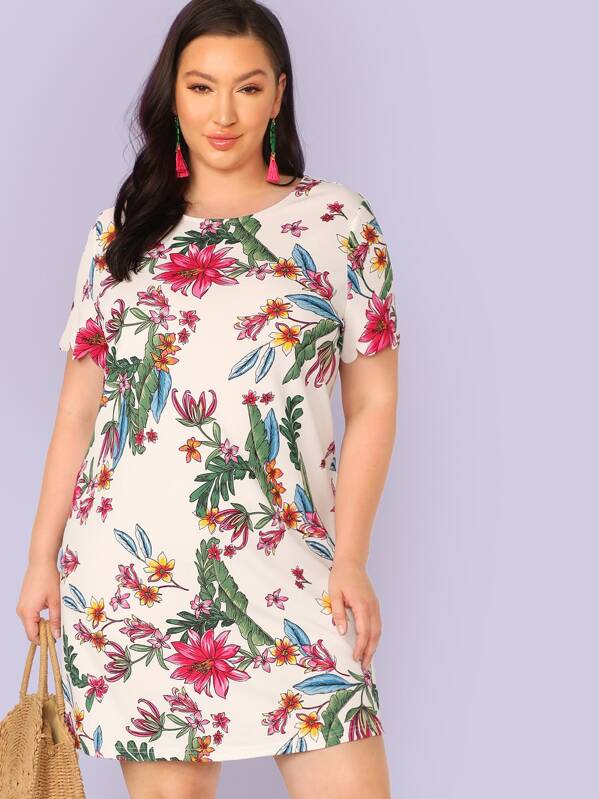 

Plus Scallop Cuff Floral Print Dress, Multicolor, Kellee Moran