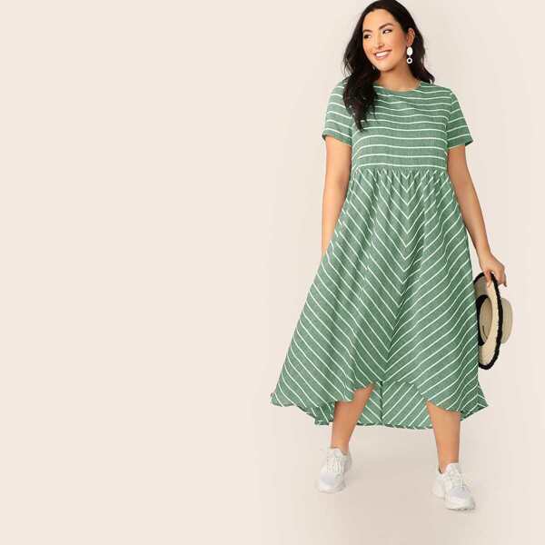 

Plus High Waist Striped Dress, Green