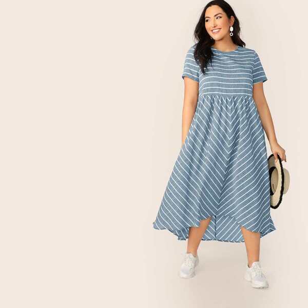 

Plus High Waist Striped Dress, Blue
