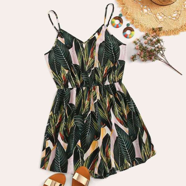 

Plus Jungle Leaf Print Cami Romper, Multicolor