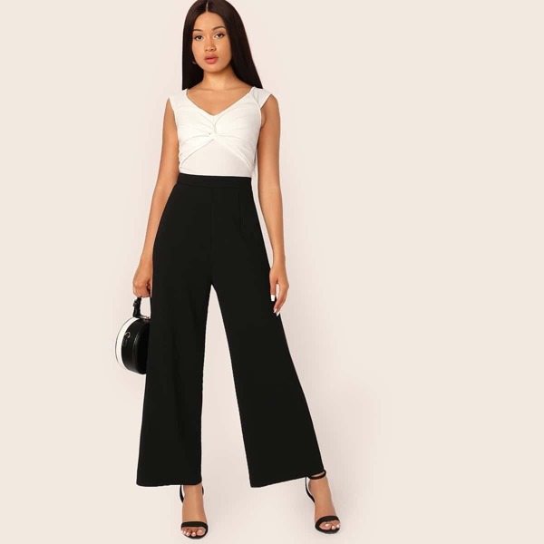 

Two Tone Twist Front Wide Leg Jumpsuit, Black and white