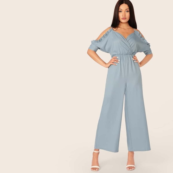 

Cold Shoulder Frilled Surplice Wrap Wide Leg Jumpsuit, Blue