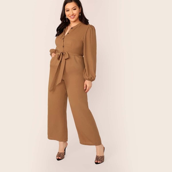 

Plus Button Fly Lantern Sleeve Belted Palazzo Jumpsuit, Brown