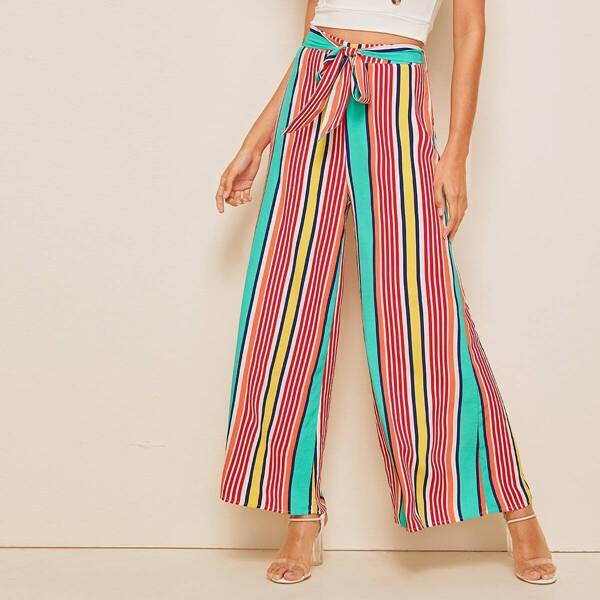 

Striped Palazzo Pants With Belt, Multicolor