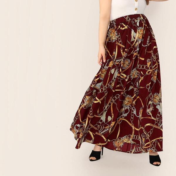 

Plus Chain Print Elastic Waist Skirt, Multicolor
