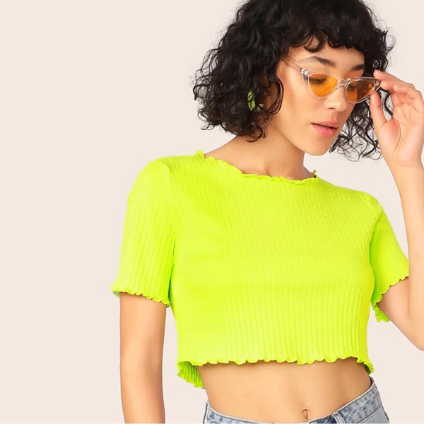 

Neon Green Lettuce Edge Rib-knit Crop Tee