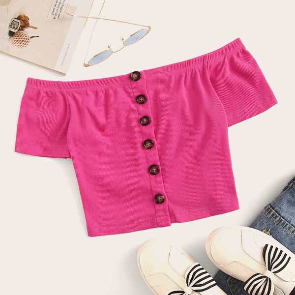 

Neon Pink Button Up Rib-knit Bardot Top