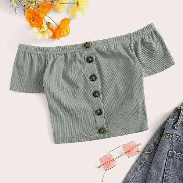 

Button Up Rib-knit Bardot Top