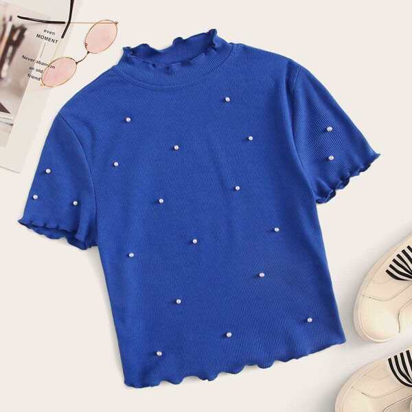 

Lettuce Edge Pearl Beading Rib-knit Tee