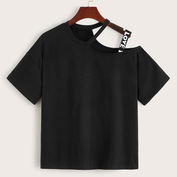 

Choker One Shoulder Letter Tape Top, Black