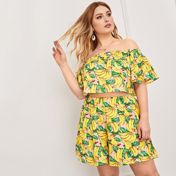 

Plus Off Shoulder Banana Print Top & Shorts Set, Multicolor