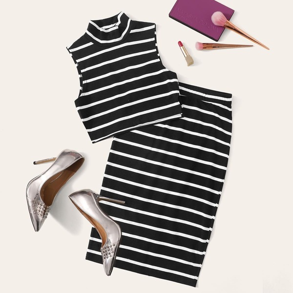 

Mock-Neck Striped Top & Split Back Pencil Skirt Set
