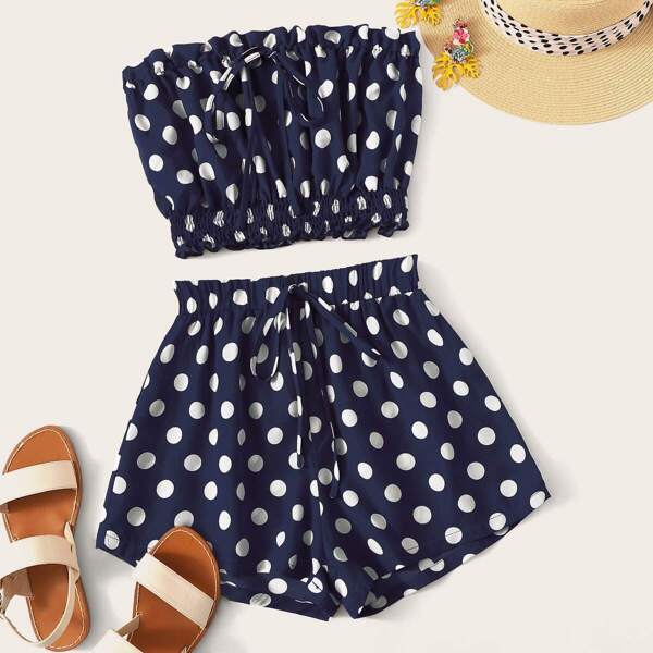 

Drawstring Shirred Hem Polka Dot Bandeau Top & Shorts Set, Multicolor