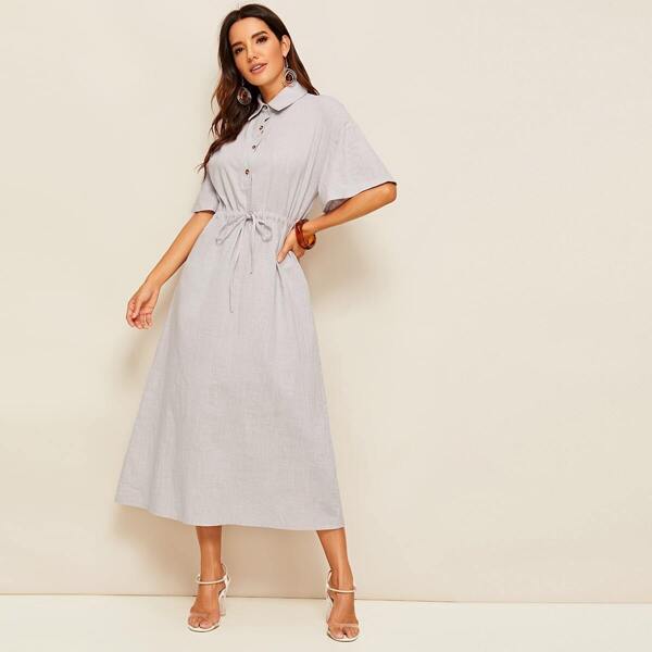 

Solid Button Front Drawstring Dress, Grey