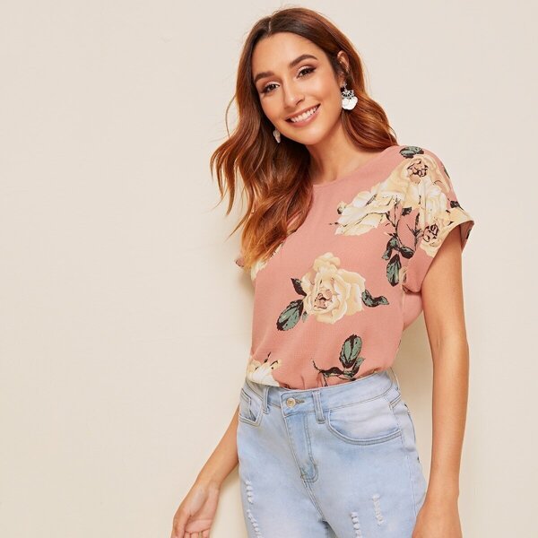 

Keyhole Back Floral Print Blouse