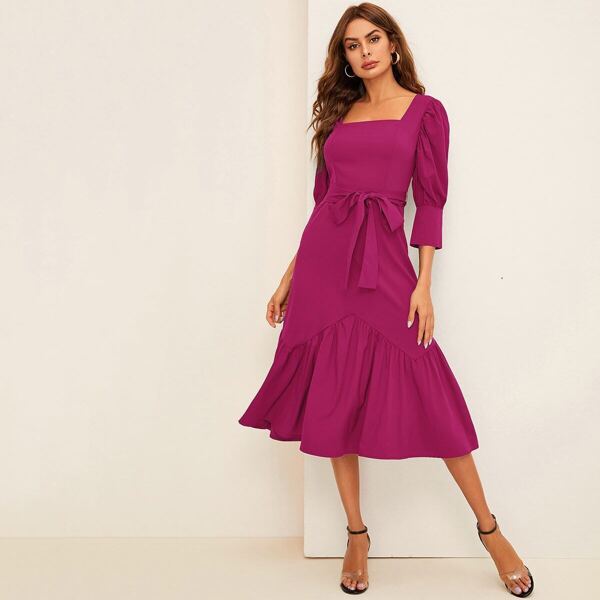 

Square Neck Self Belted Ruffle Hem Dress, Pink