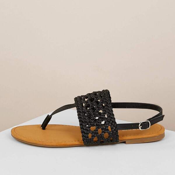 

Woven Band Buckled Slingback Thong Sandals, Black