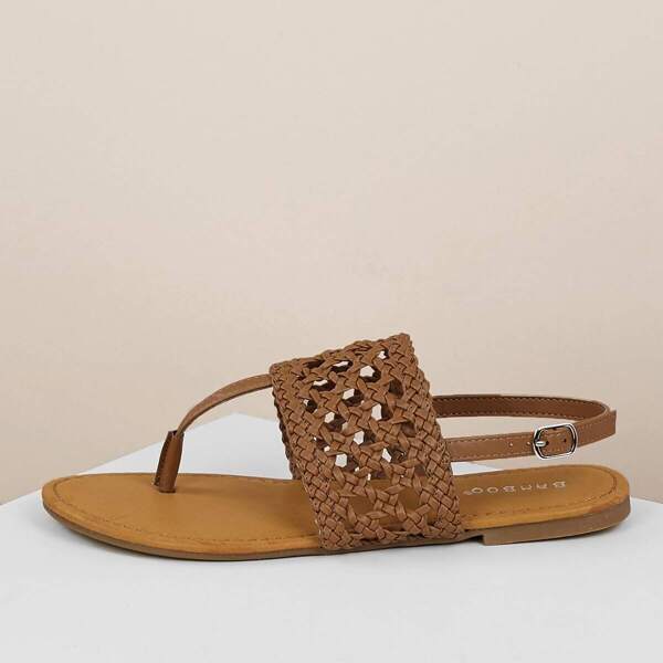 

Braided Wide Band Y-Strap Slingback Flat Sandals, Brown
