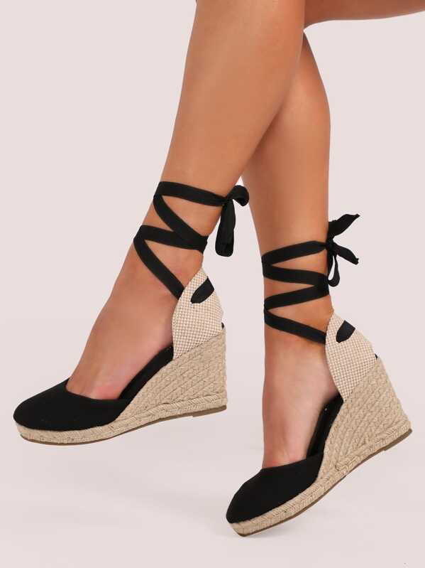

Lace Up Ankle Closed Toe Jute Trim Wedges, Black