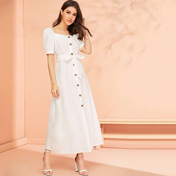 

Square Neck Button Through Tie Waist Dress