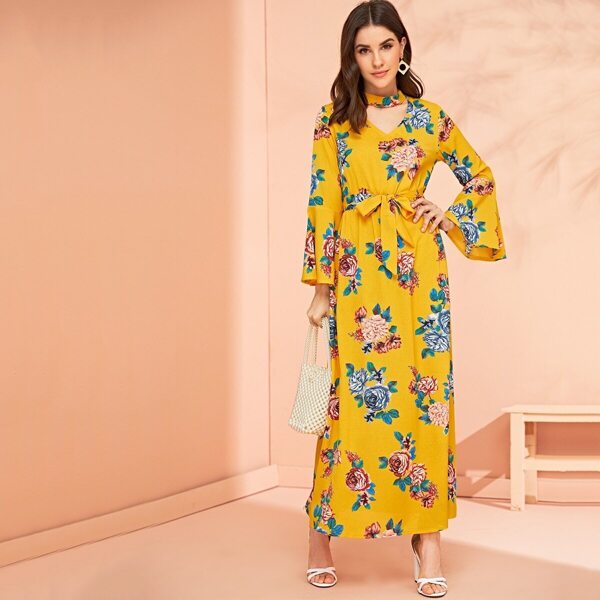 

Bell Sleeve Tie Waist Floral Longline Dress
