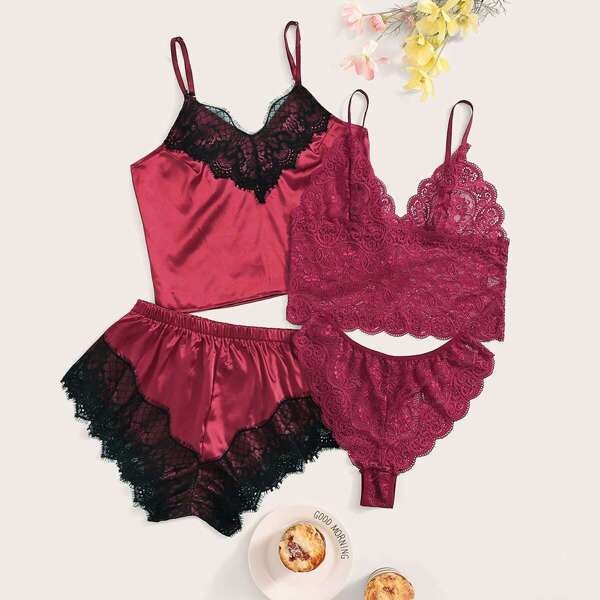 

Floral Lace Satin Lingerie Set 4pack