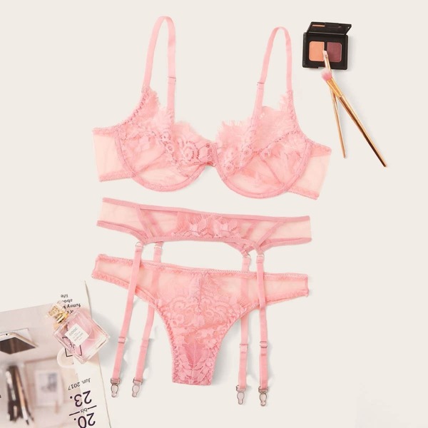 

Floral Lace Underwire Garter Lingerie Set