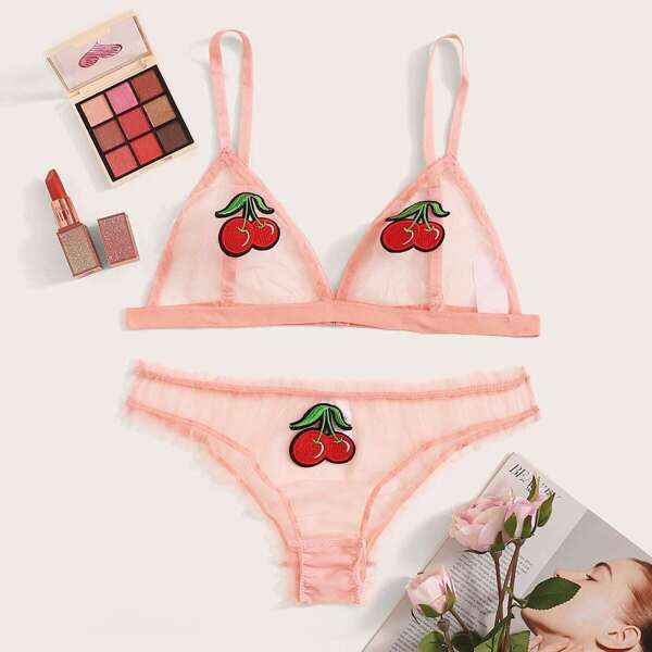 

Cherry Embroidered Sheer Lingerie Set, Pink