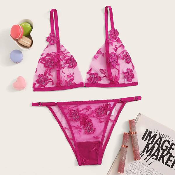 Neon Pink Floral Lace Sheer Lingerie Set, Pink bright
