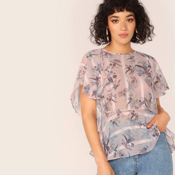 

Ruffle Flutter Sleeve Sheer Floral Blouse, Multicolor