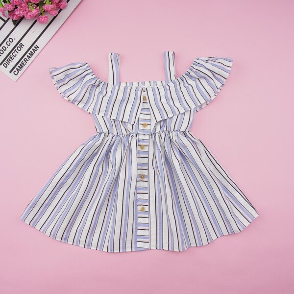 

Toddler Girls Button Front Open Shoulder Striped Dress, Multicolor
