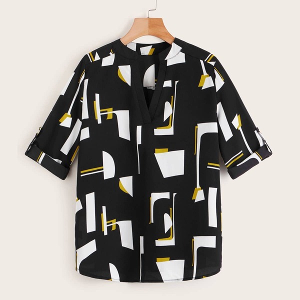 

V-neck Roll Tab Geometric Blouse