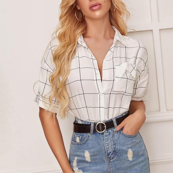 

Pocket Front Grid Print Blouse, White