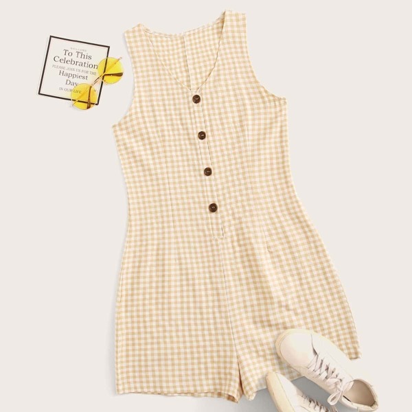 

Gingham Print Button Front Sleeveless Romper, Yellow