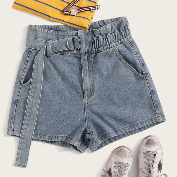 

Frill Waist Belted Denim Shorts