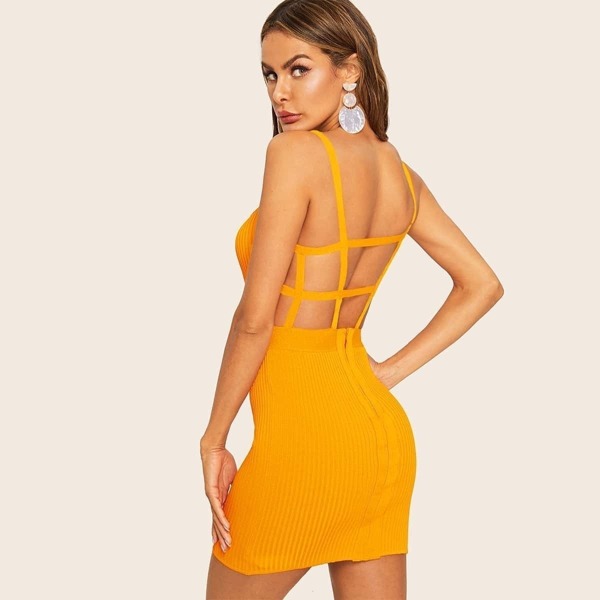 

Geo Cut Backless Zip Back Rib-knit Bodycon Dress