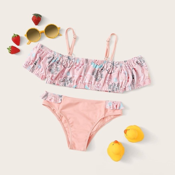 

Girls Cartoon Print Bardot Bikini Set, Pink pastel