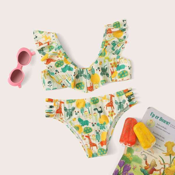 

Girls Cartoon Print Ruffle Bikini Set, Multicolor