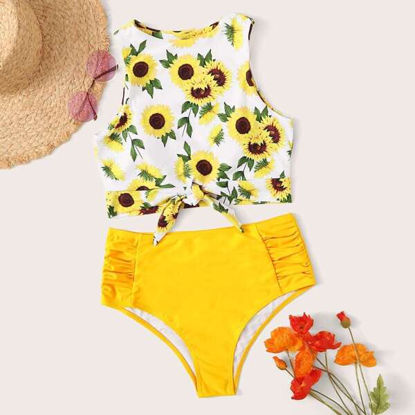 

Sunflower Print Knot Hem Top With Ruched Bikini Set, Multicolor