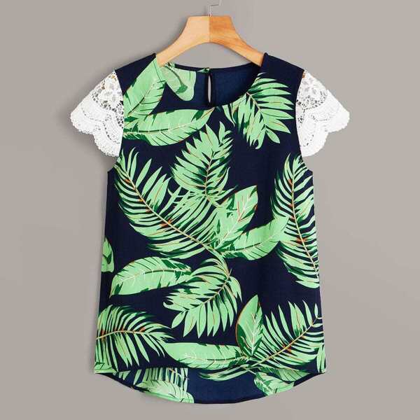 

High Low Palm Tree Print Contrast Lace Blouse