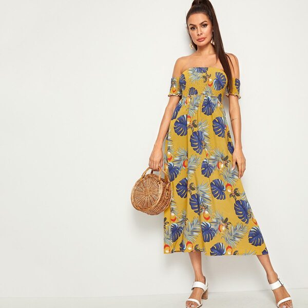 

Off Shoulder Frill Shirred Tropical Print Dress